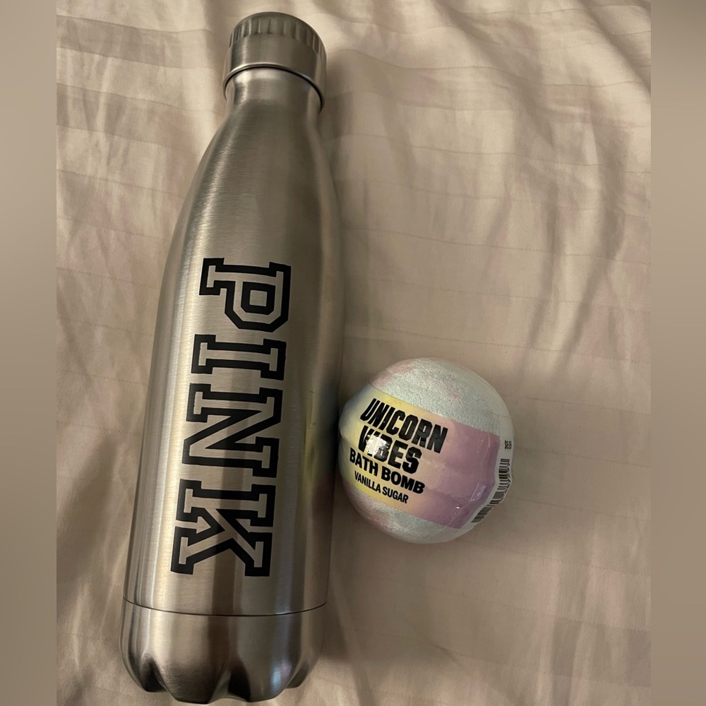 VS PINK Metal Water Bottle + Unicorn Vibes Bath Bomb Set NEW Victorias Secret